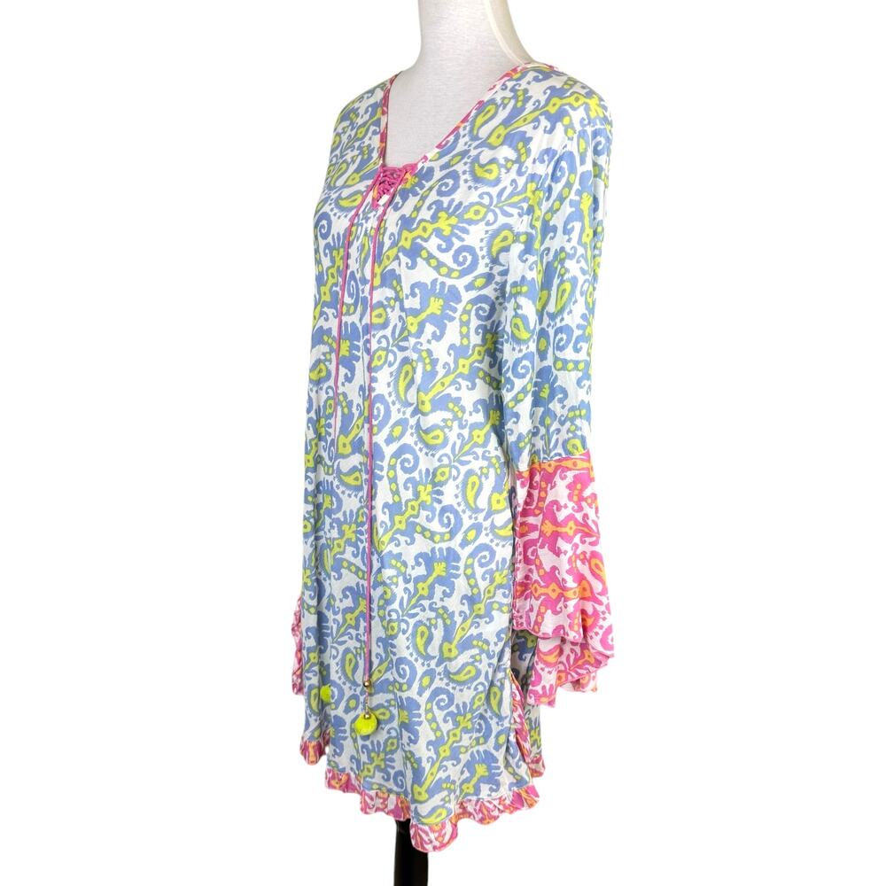 Z&L Pink Blue Ornamental Paisley Colorful Bell Sleeve Coverup Tunic Mini Dress - Picture 3 of 13